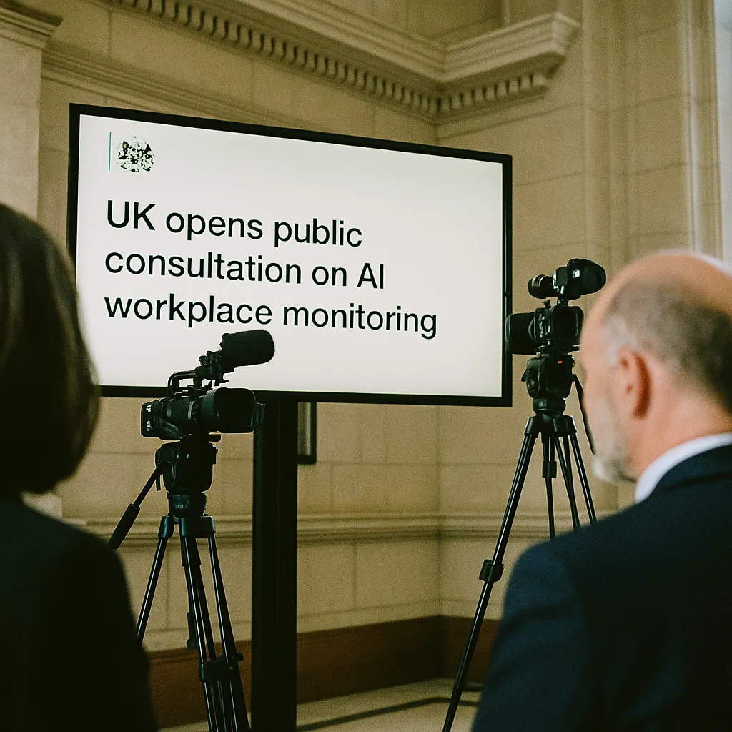 A government building interior featuring screen, cameras, related to UK Opens Public Consultation on AI Workplace Monitoring — Re from an unusual angle or perspective