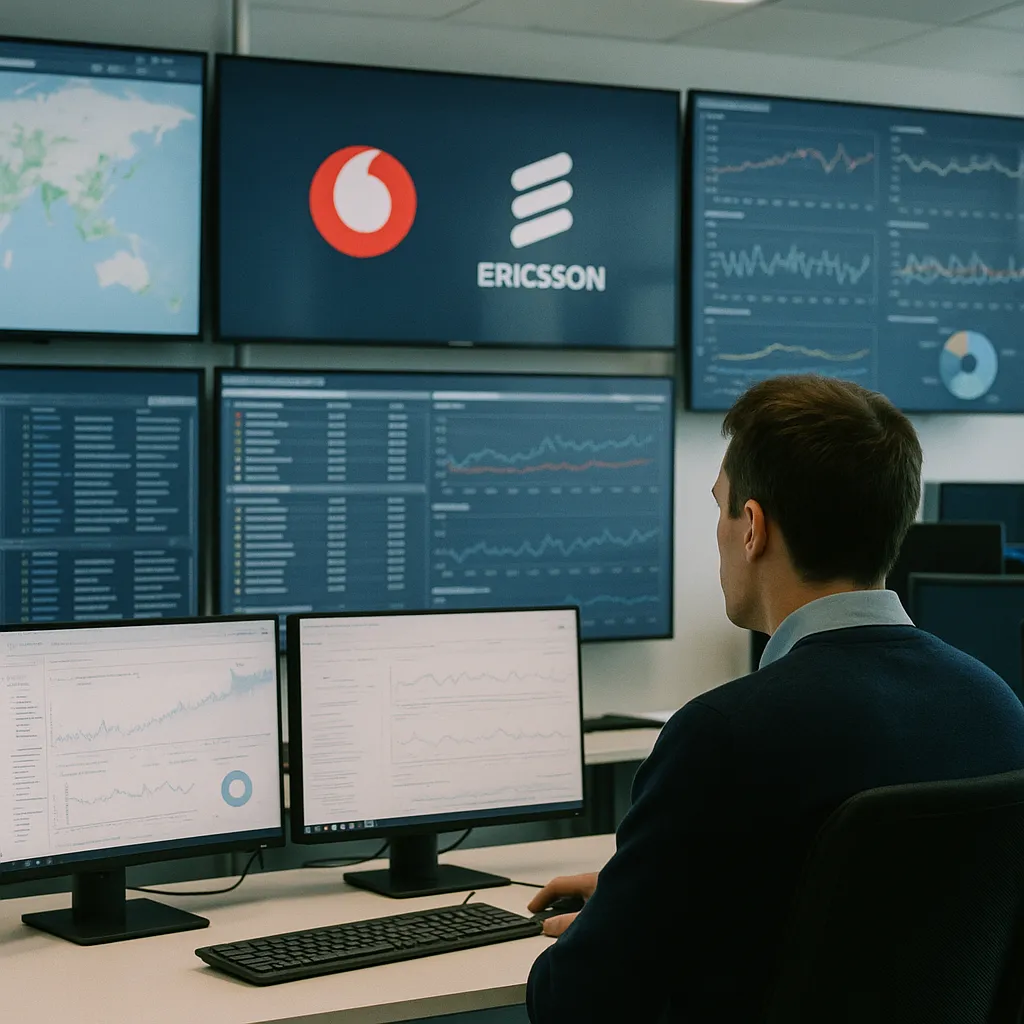 A network operations center where a person is monitoring related to Vodafone and Ericsson Complete First Live AI Network Transla
