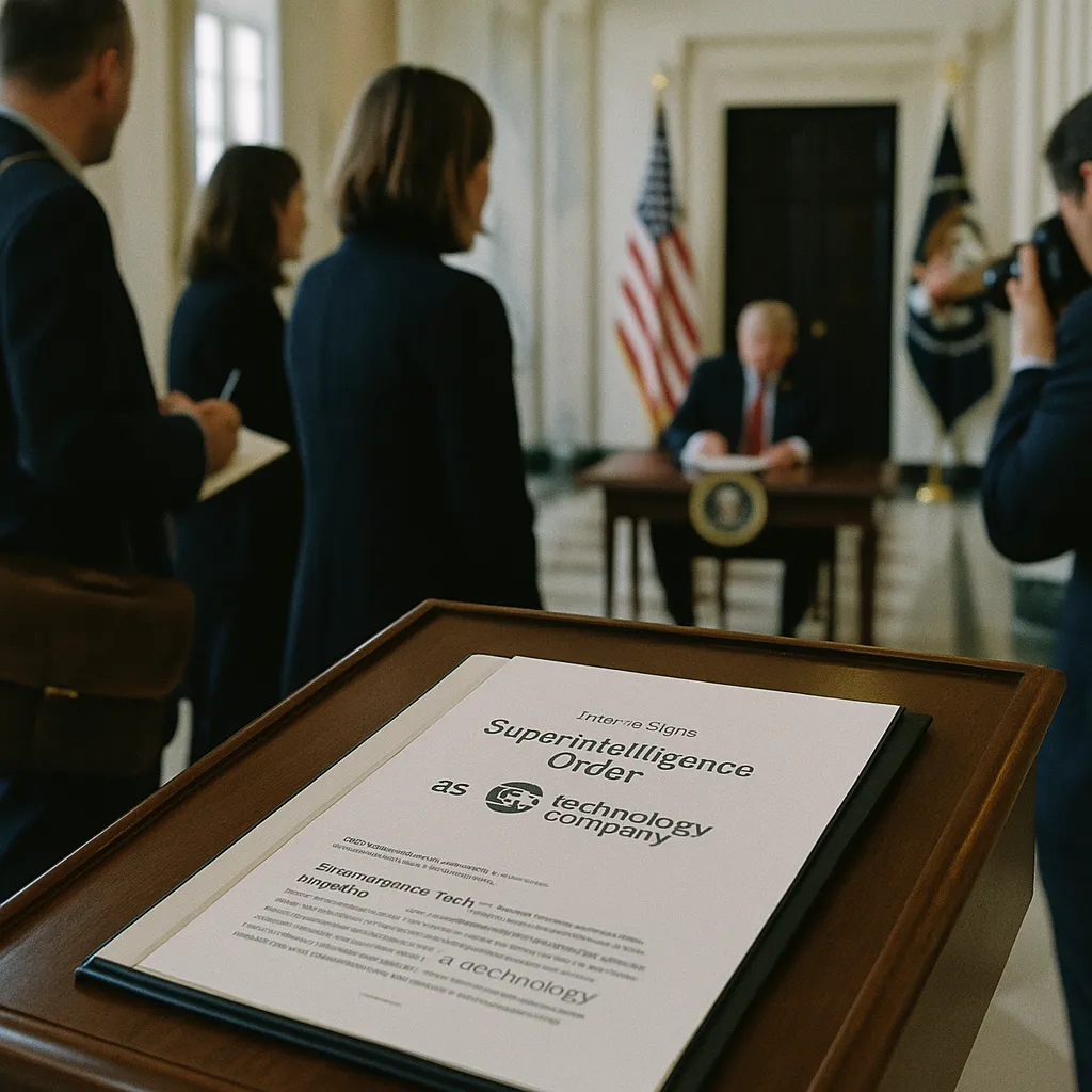 A government building interior featuring documents, field, related to Trump Signs 'Super a technology companyligence' Order as Six from an unusual angle or perspective
