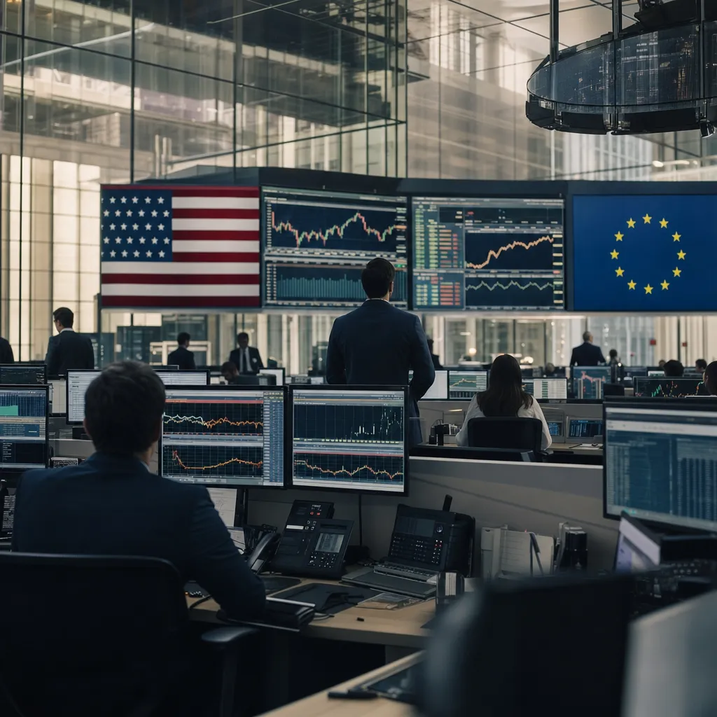 A financial trading floor featuring interface, patient, related to US Banks Block AI Agent Transactions While Europe Pilots Hum