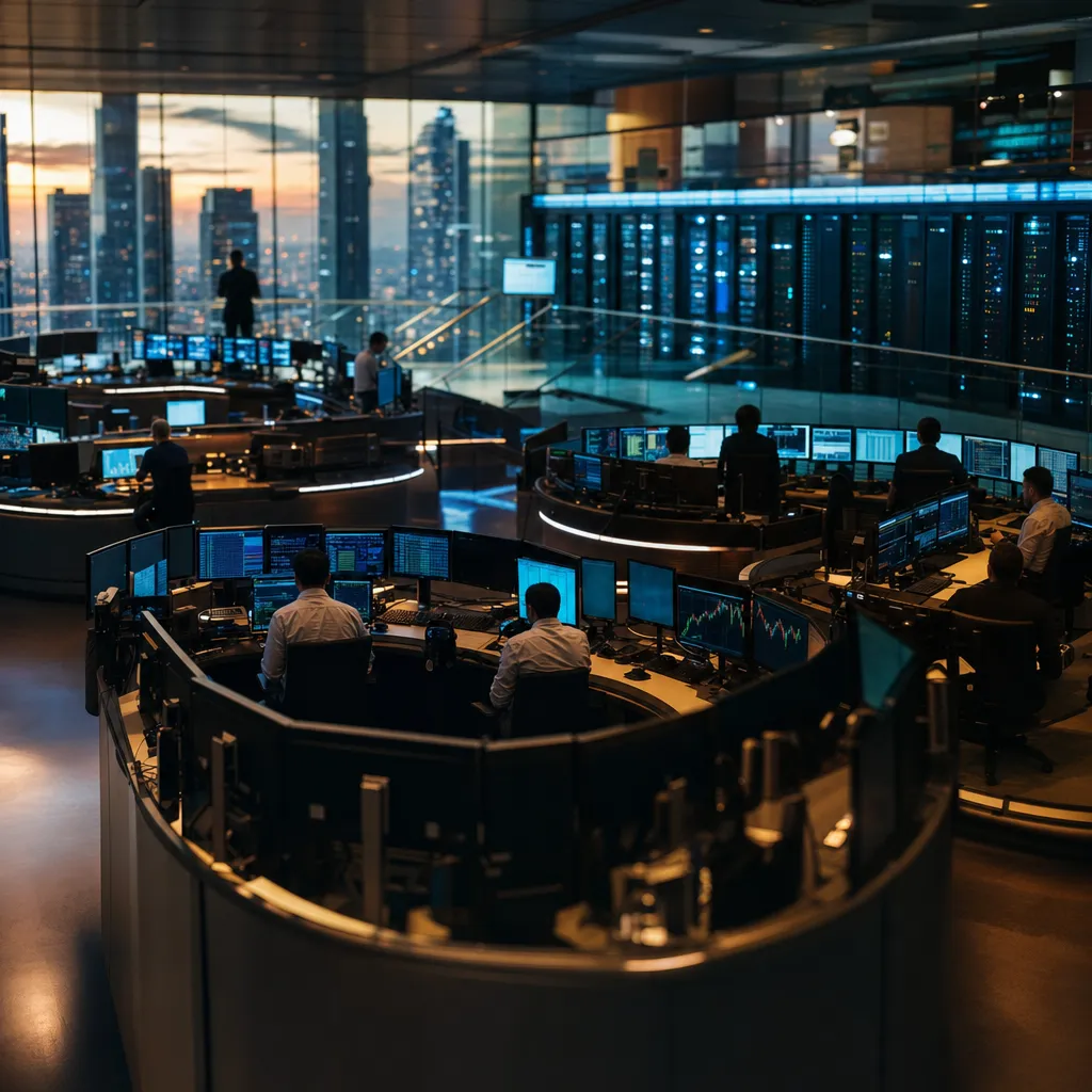 A financial trading floor featuring data center, related to AI Debt Jitters Spark $9 Billion Weekly Surge in Credit Defa from an unusual angle or perspective