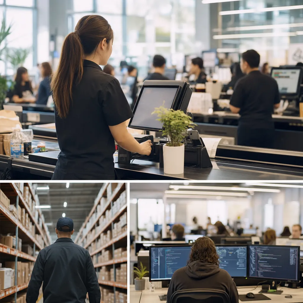 A modern workplace featuring checkout, shelf, related to Companies That Made AI-Driven Layoffs Are Now Hiring Back — 