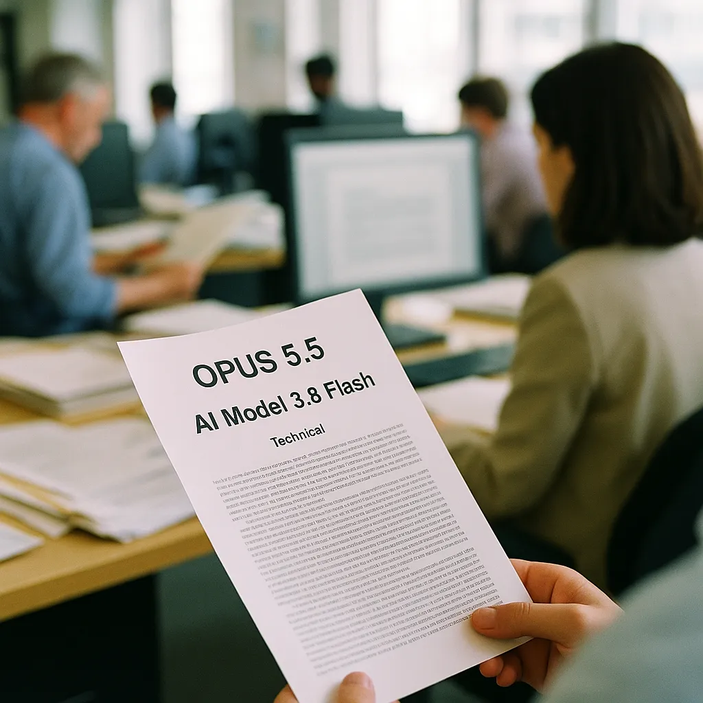 A newsroom featuring document, related to an AI assistant Opus 5.5, an AI model 3.8 Flash, and a techn