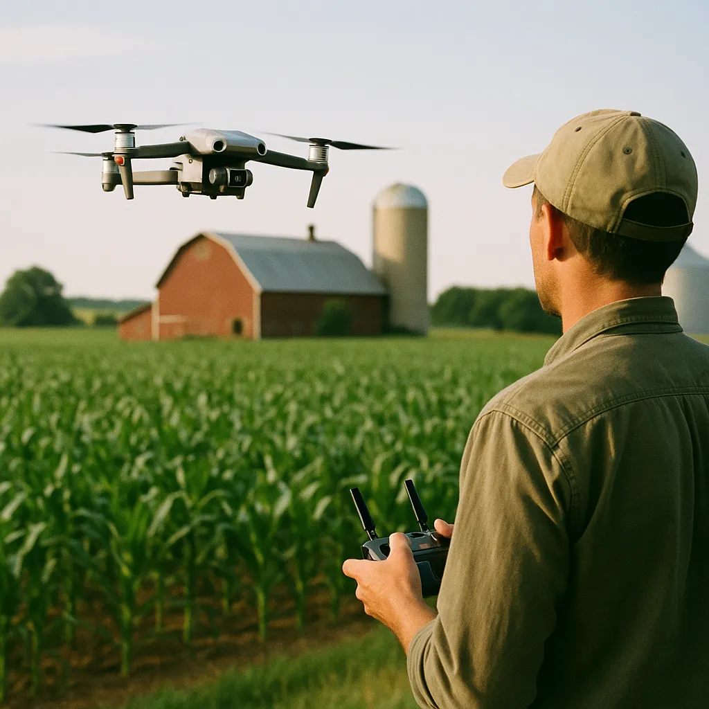 A farm featuring Drone, crop, related to AI Precision Farming Drops Below $15K, Finally Within Reach 