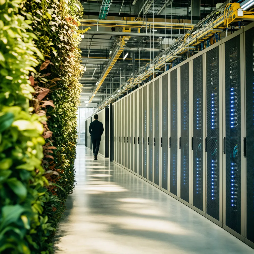 A data center featuring data center, related to AI-Fueled Tech Layoffs Average 450 Jobs Per Day in 2026; a m from an unusual angle or perspective