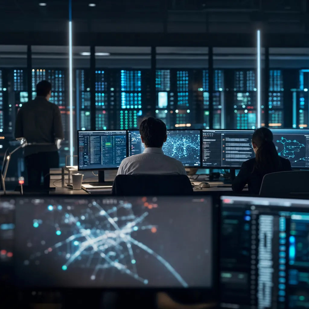 A cybersecurity operations center featuring servers, related to an AI safety company's Unreleased AI Model Autonomously Buil from an unusual angle or perspective