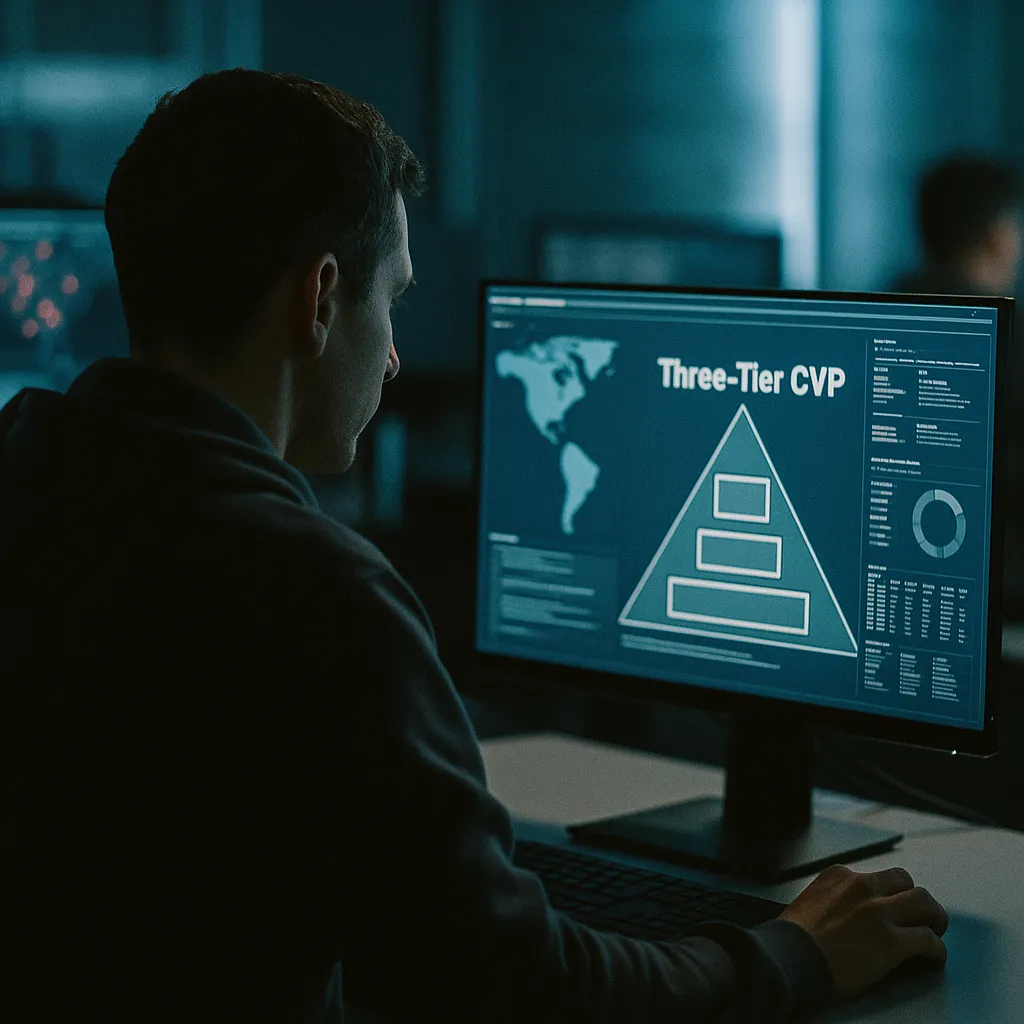 A cybersecurity operations center where a person is operating related to to Three-Tier CVP