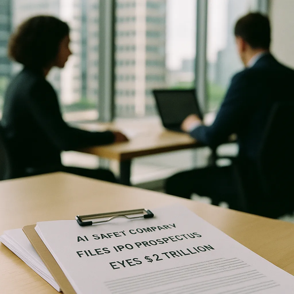 A modern corporate office featuring contracts, related to an AI safety company Files IPO Prospectus, Eyes $2 Trillion  from an unusual angle or perspective