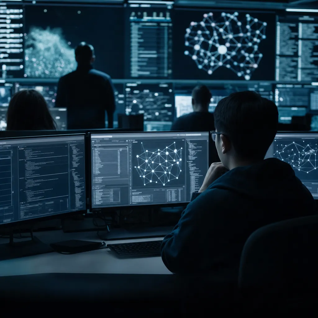 A cybersecurity operations center where a person is reviewing related to an AI safety company and Theorem Use an AI assistant to Gene from an unusual angle or perspective