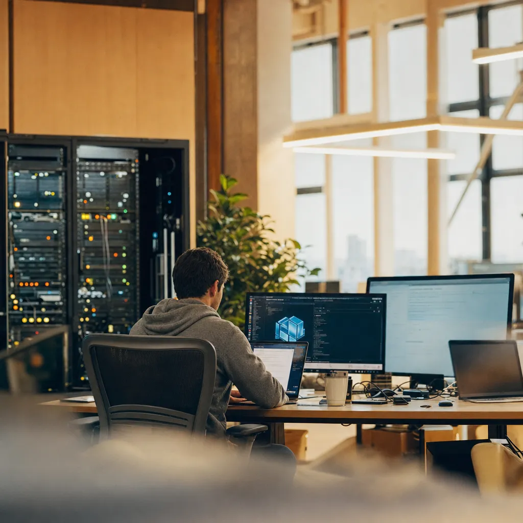 A office featuring display, servers, related to a technology company, a technology company, and a major soft