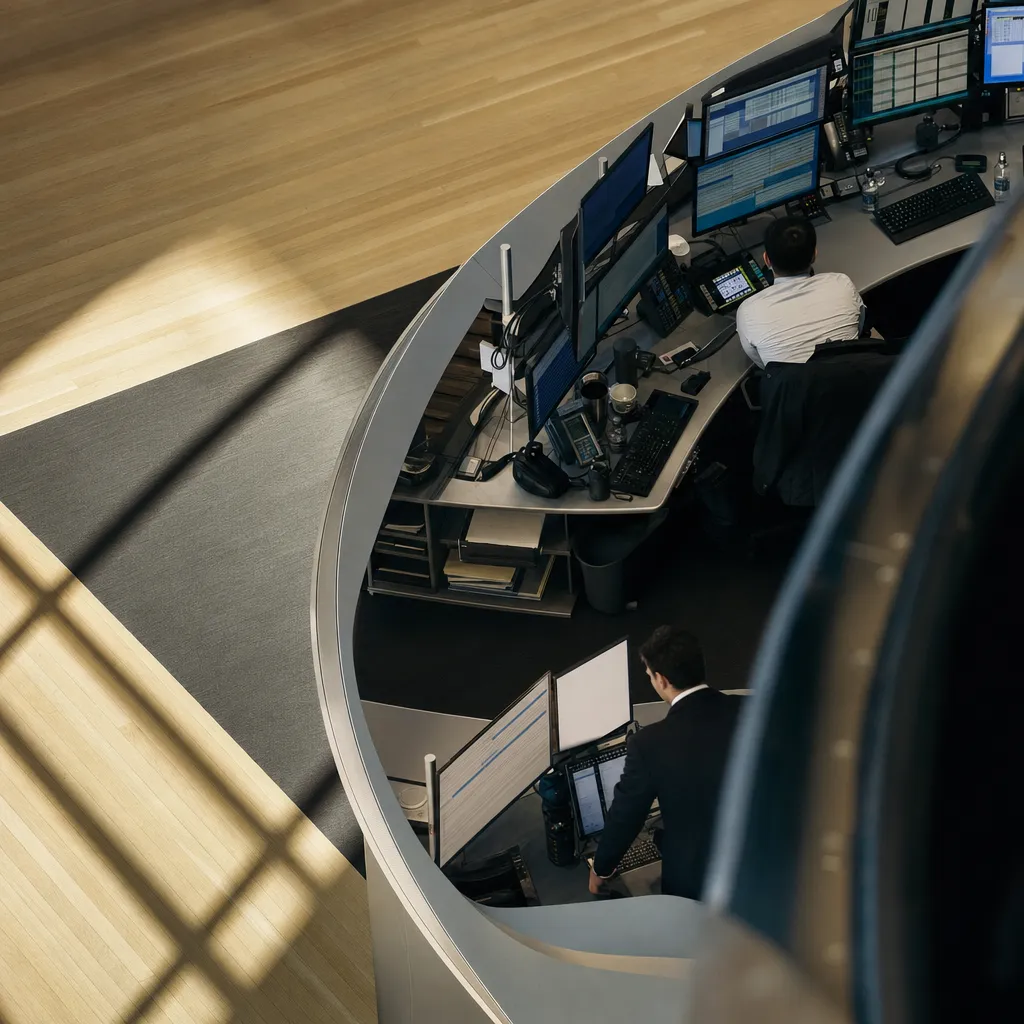 A financial trading floor featuring fields, related to America's Biggest Banks Are Drawing Hard Lines Around AI Age from an unusual angle or perspective