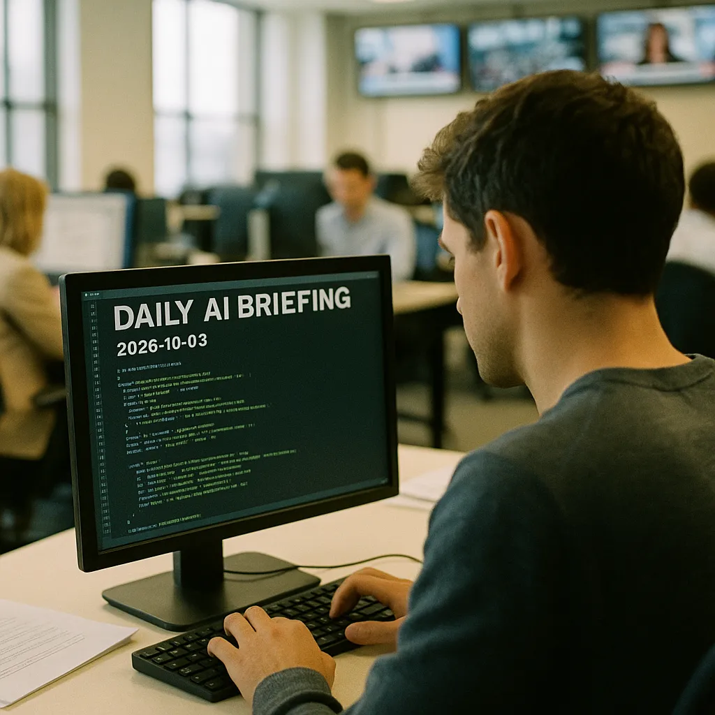 A newsroom where a person is coding related to Daily AI Briefing — 2026-10-03 from an unusual angle or perspective