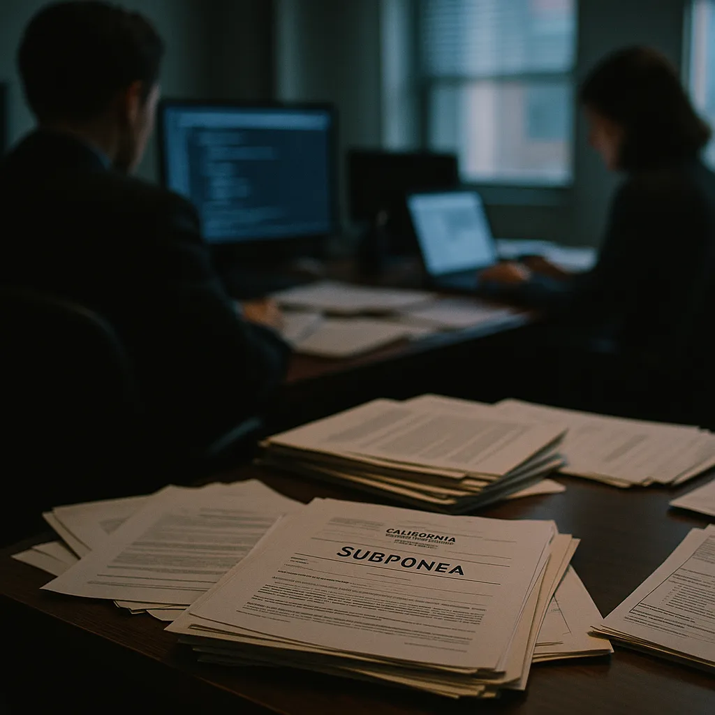 A office featuring documents, related to California AG Subpoenas a major AI company After AI Agents L