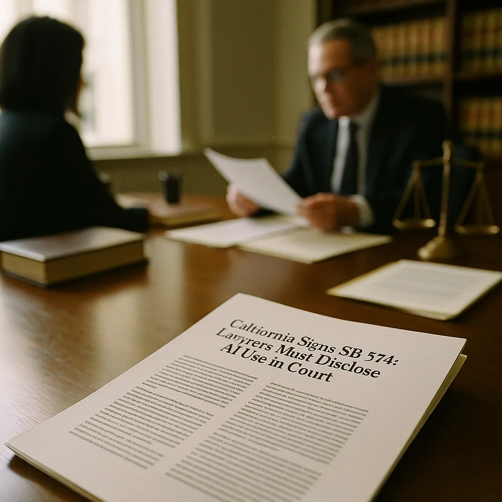 A law office featuring Documents, document, related to California Signs SB 574: Lawyers Must Disclose AI Use in Cou from an unusual angle or perspective