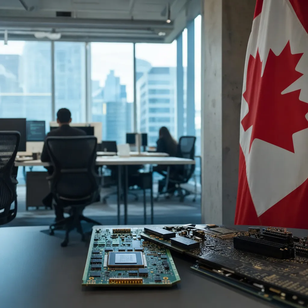 A modern corporate office featuring chips, chip, related to Canada Commits $1.6 Billion to Cohere in Landmark Government from an unusual angle or perspective