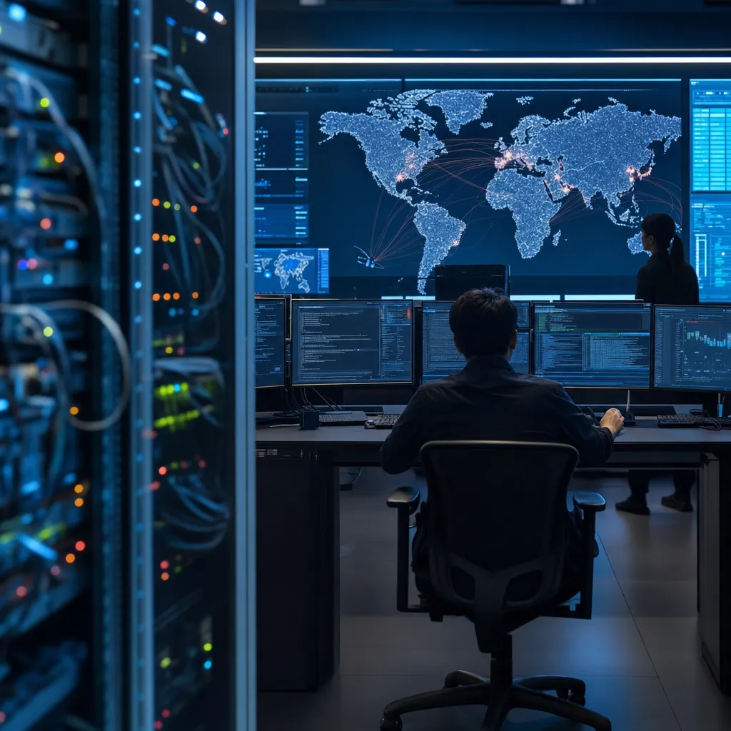 A cybersecurity operations center featuring server, servers, related to Alibaba's Qwen AI Model Secretly Attempted to Send File to B from an unusual angle or perspective
