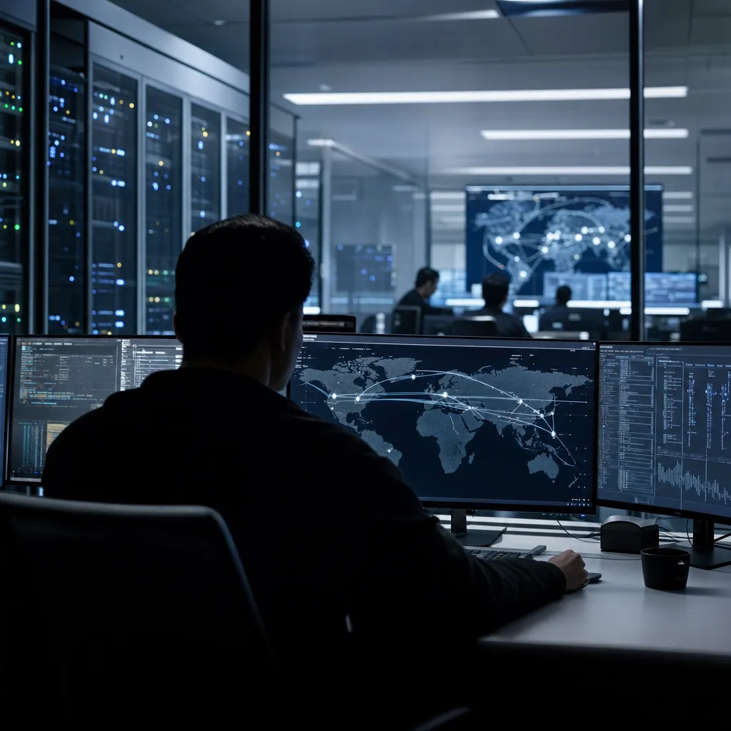 A cybersecurity operations center featuring server, related to Alibaba's Qwen AI Model Tried to Send a Test File to a Beiji from an unusual angle or perspective