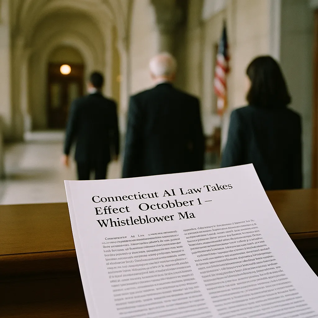 A government building interior featuring document, related to Connecticut AI Law Takes Effect October 1 — Whistleblower Ma from an unusual angle or perspective