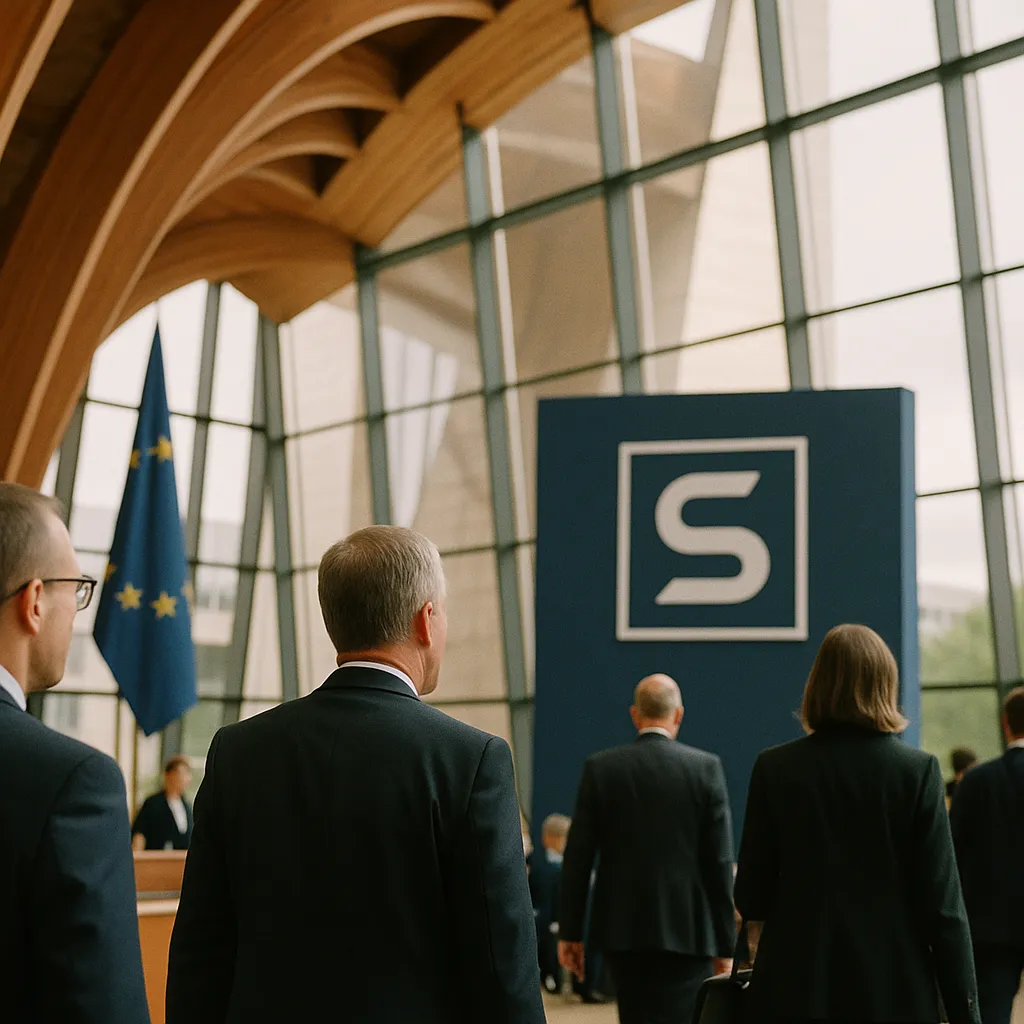 A government building interior related to Council of Europe and a major software company Sign AI Coope from an unusual angle or perspective
