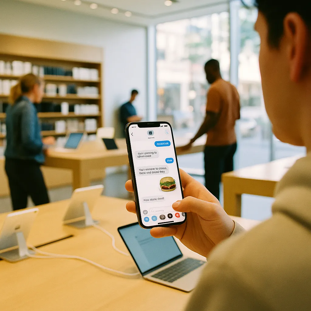 A retail store where a person is testing related to AI Agent That Accepts Food Orders via iMessage Text from an unusual angle or perspective