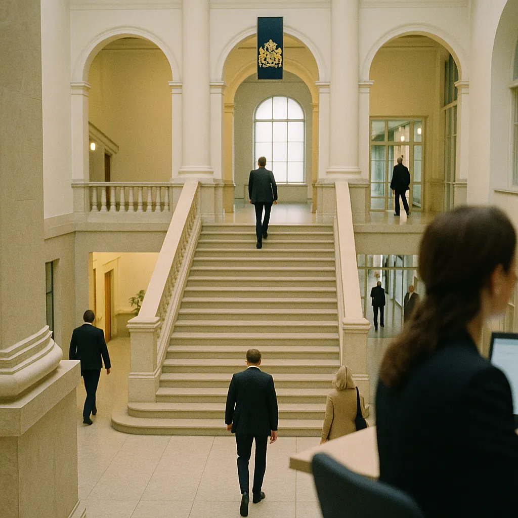 A government building interior related to Dutch DPA Fines Uber €825 Million for AI-Driven Driver Deact from an unusual angle or perspective