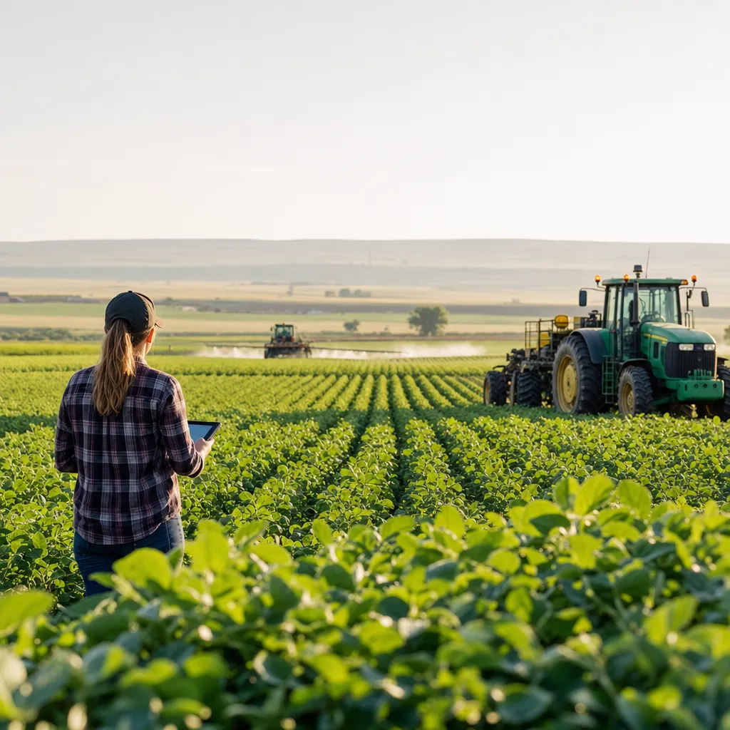 A farm featuring crop, tractors, related to EvaFarmSight AI Precision Agriculture Platform Targeting $38