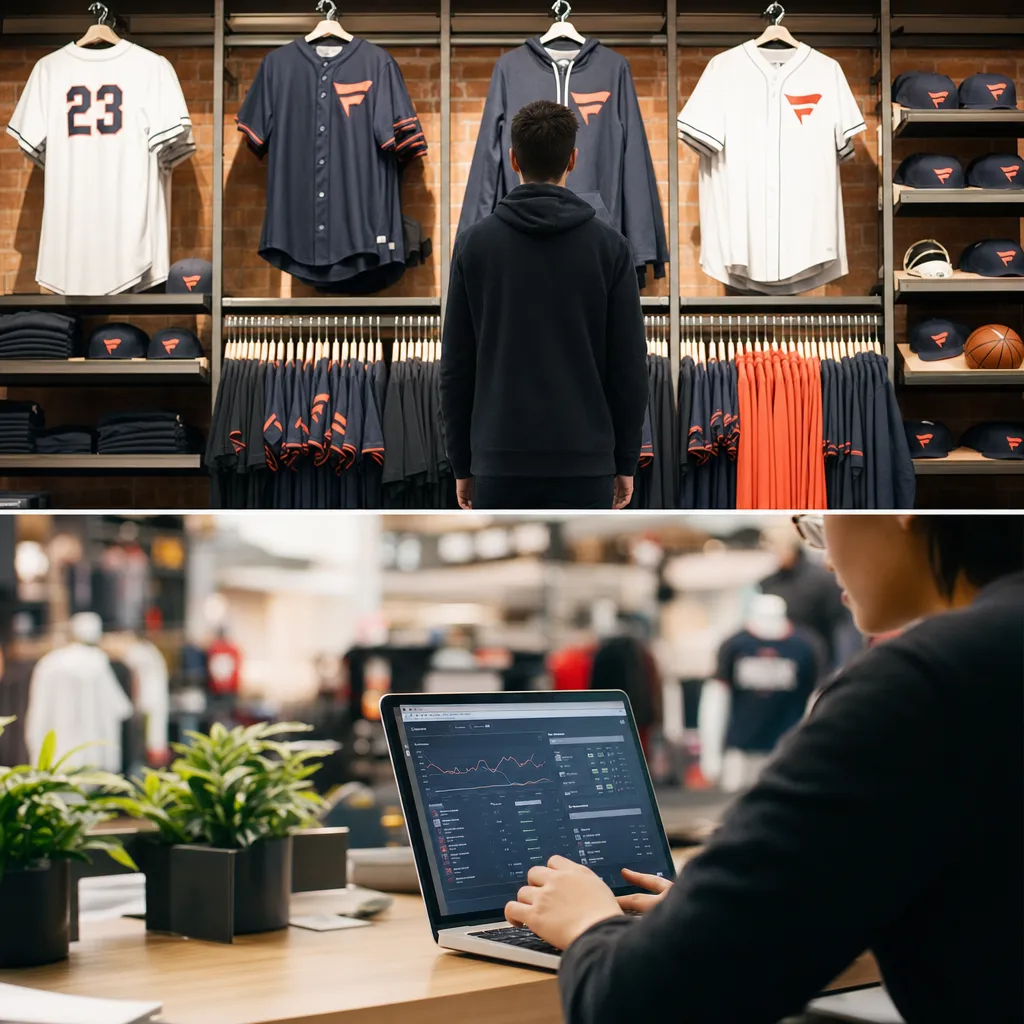 A retail store where a person is typing related to Fanatics and a major AI company Deploy AI That Matches Fans 
