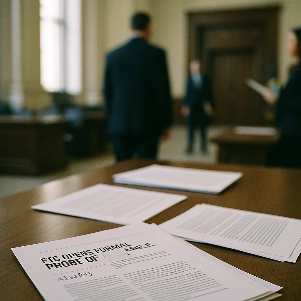 A government building interior featuring document, documents, related to FTC Opens Formal Probe of a major AI company, an AI safety c from an unusual angle or perspective