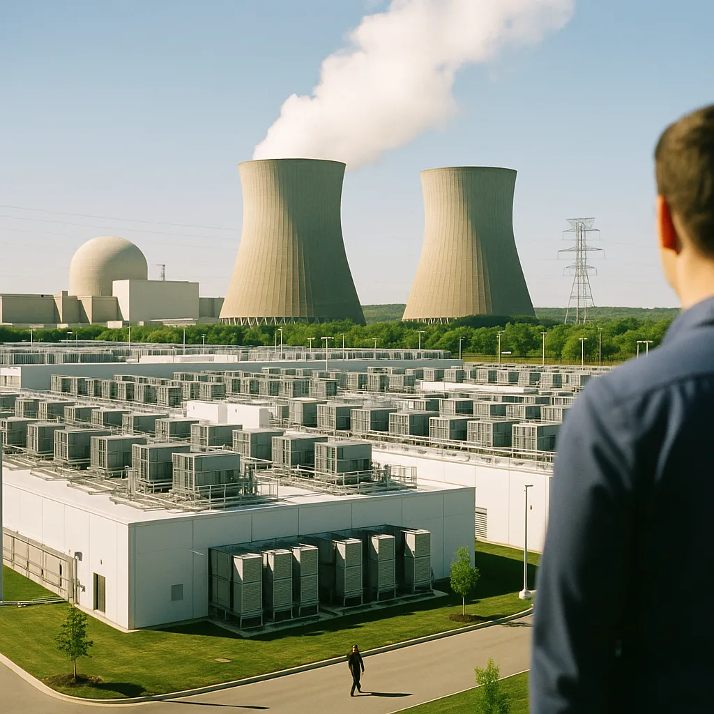 A data center featuring data center, related to a major tech company Locks In 890MW of Nuclear Power in 20-Y from an unusual angle or perspective