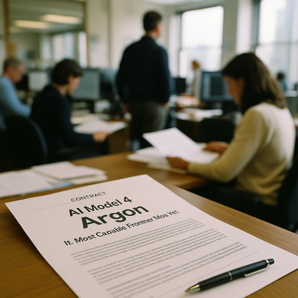 A newsroom featuring contract, document, related to an AI model 4 Argon, Its Most Capable Frontier Model Yet