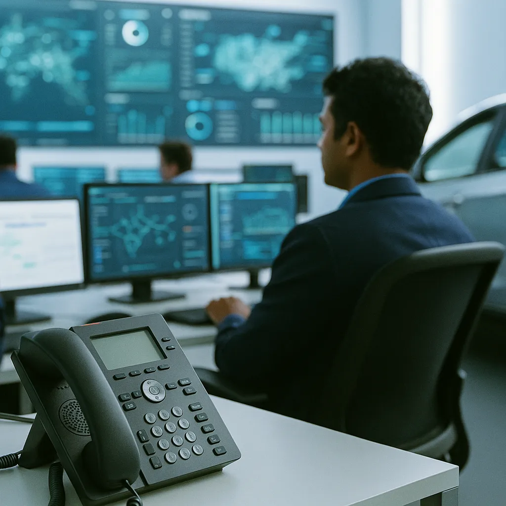 A network operations center featuring phone, car, related to India Mobile Congress 2026 Closes With Jio AI Voice Agent De from an unusual angle or perspective