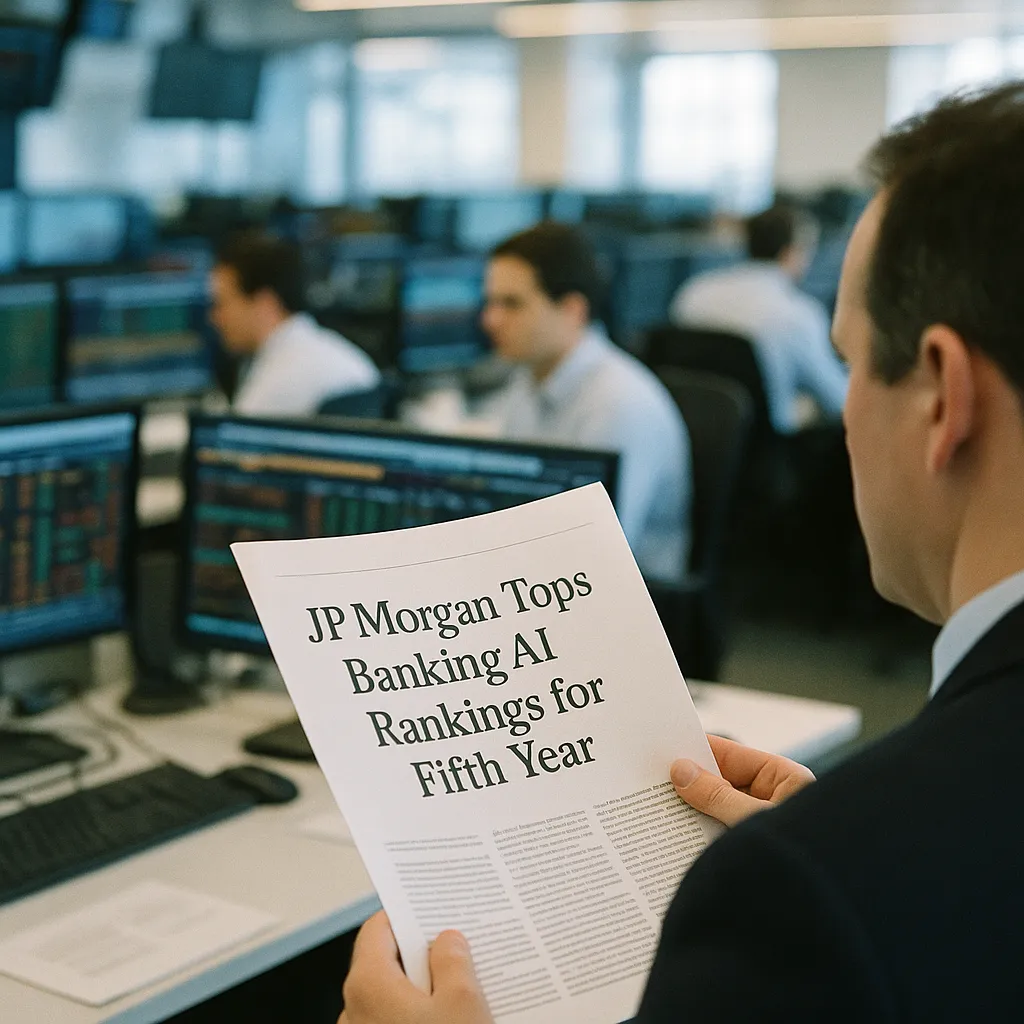 A financial trading floor featuring field, document, related to JPMorgan Tops Banking AI Rankings for Fifth Year as Bank of 