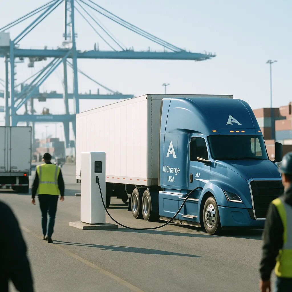 A port featuring trucks, related to a technology company AI and Charger USA Launch Commercial Au