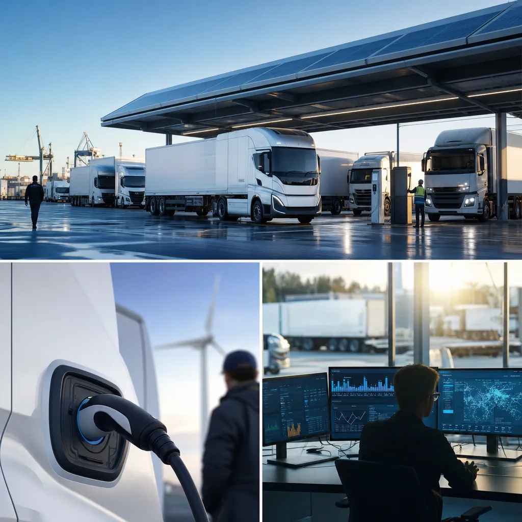 A transportation hub featuring trucks, vehicles, related to a technology company AI and DTL Transport to Commercially De