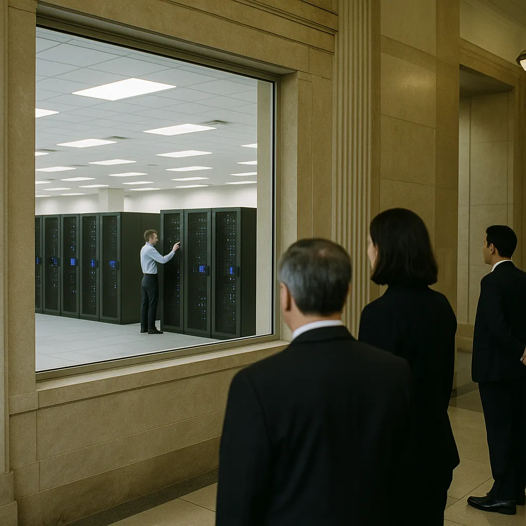 A government building interior featuring data centers, related to Former FTC Chair Lina Khan Calls AI Industry 'Constitution'  from an unusual angle or perspective