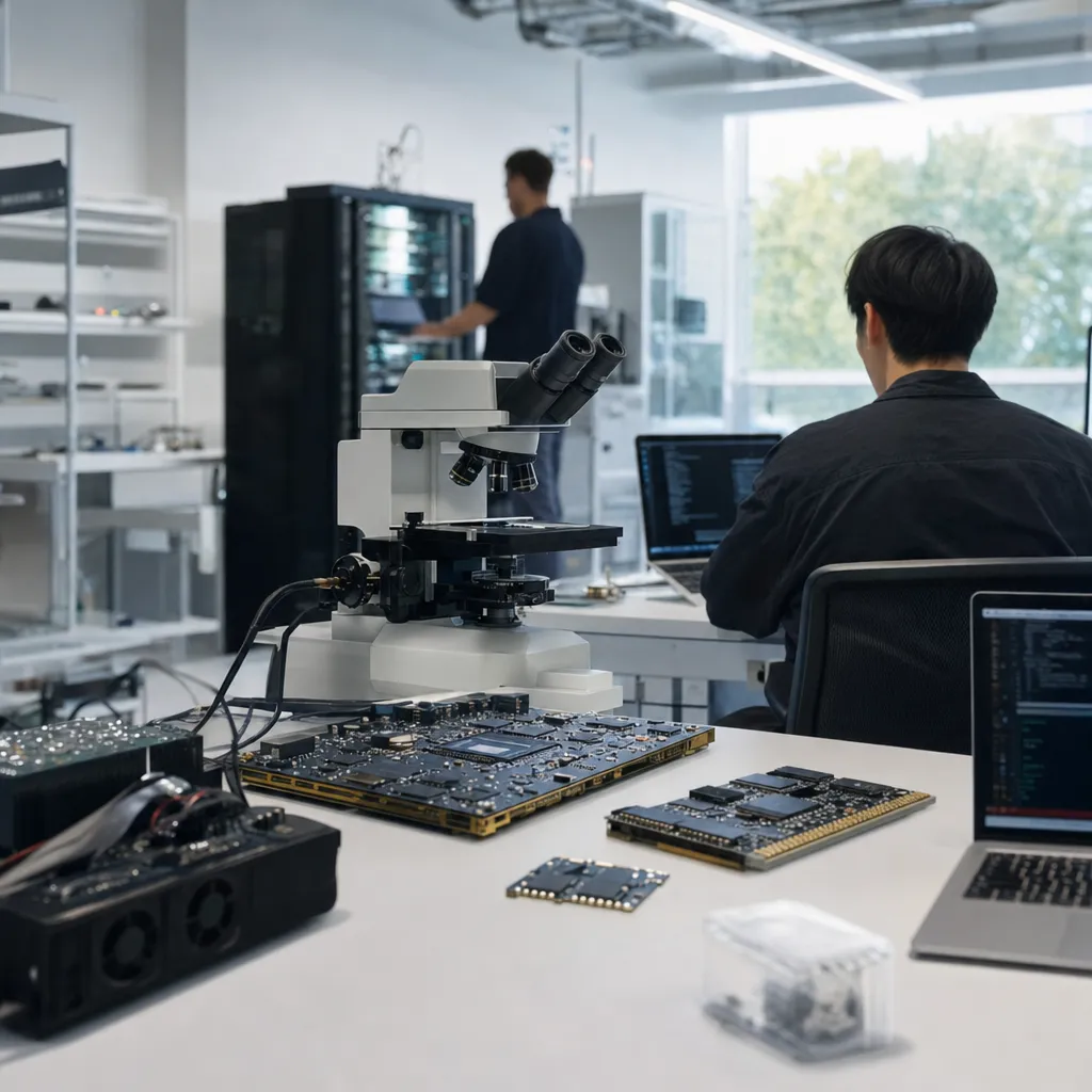 A research laboratory featuring chips, laptops, related to Liquid AI Releases LFM3, a Unified Multimodal Model Family f