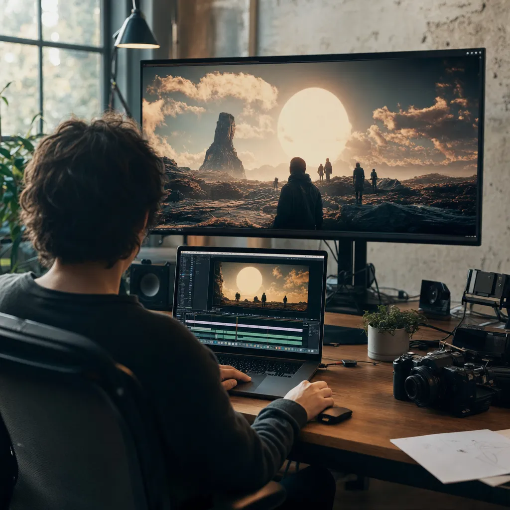 A creative studio featuring laptop, screen, related to Director Makes Feature Film With AI for £17,000 in 50 Days. 