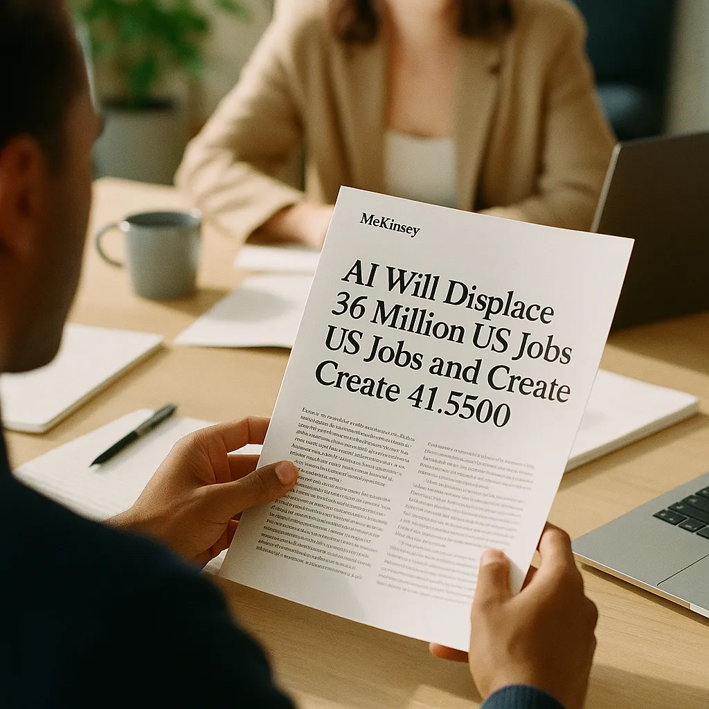 A modern workplace featuring document, contract, related to McKinsey: AI Will Displace 36 Million US Jobs and Create 41 