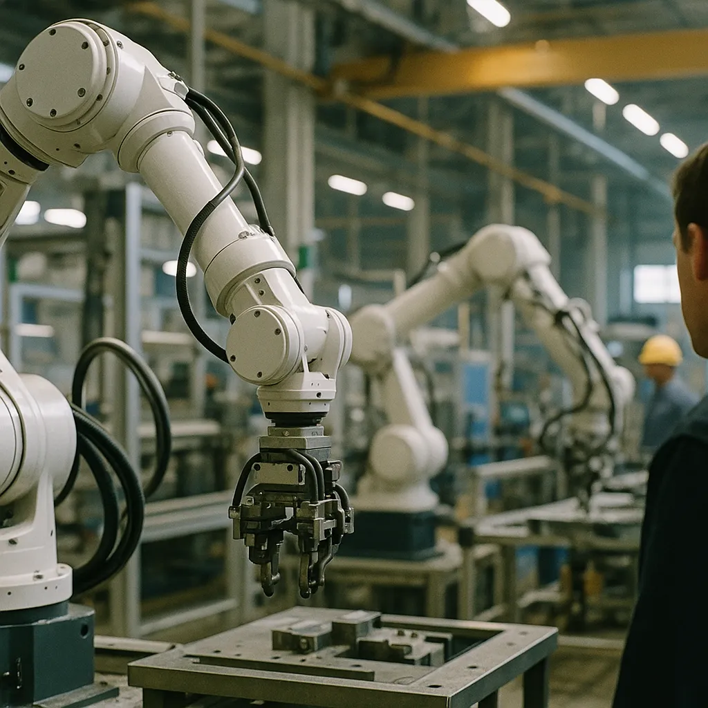 A factory featuring robot, robots, related to MIT Technology Review: AI Robotics Breakthroughs Are Still Y from an unusual angle or perspective