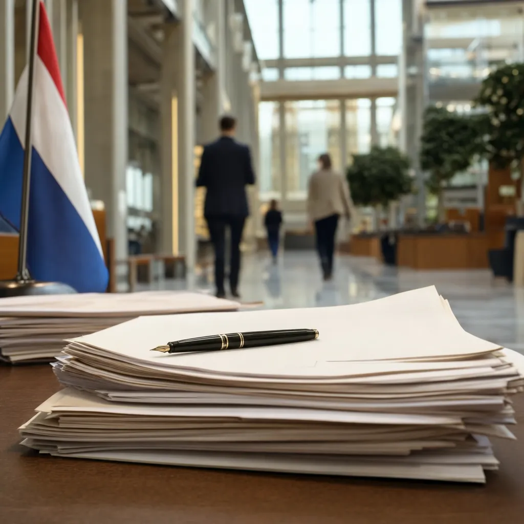 A government building interior featuring document, related to Netherlands to Eliminate 25,000 Government Jobs Citing AI-Dr