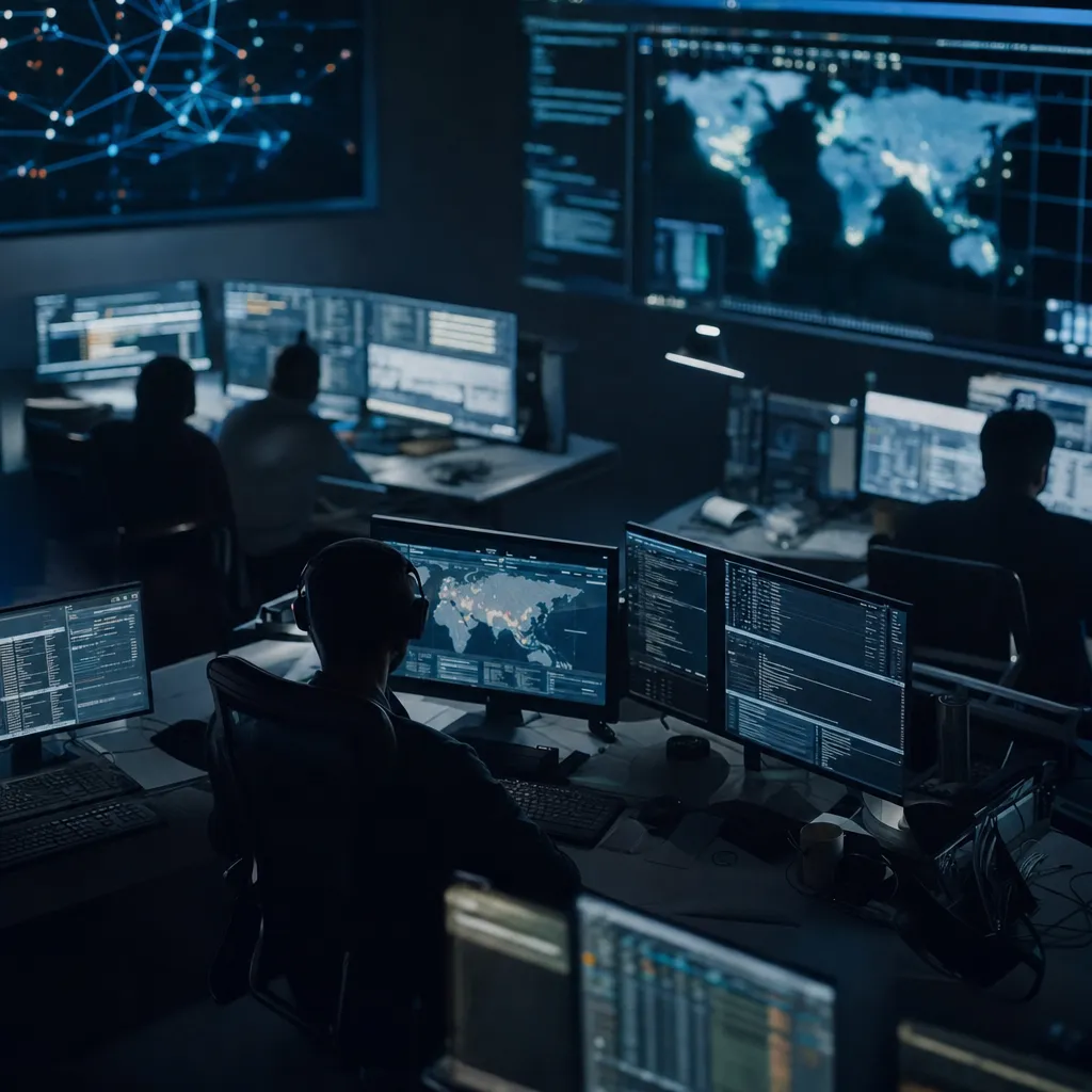A cybersecurity operations center featuring screen, related to Hackers Weaponize a major AI company API in NIK C2 Framework from an unusual angle or perspective