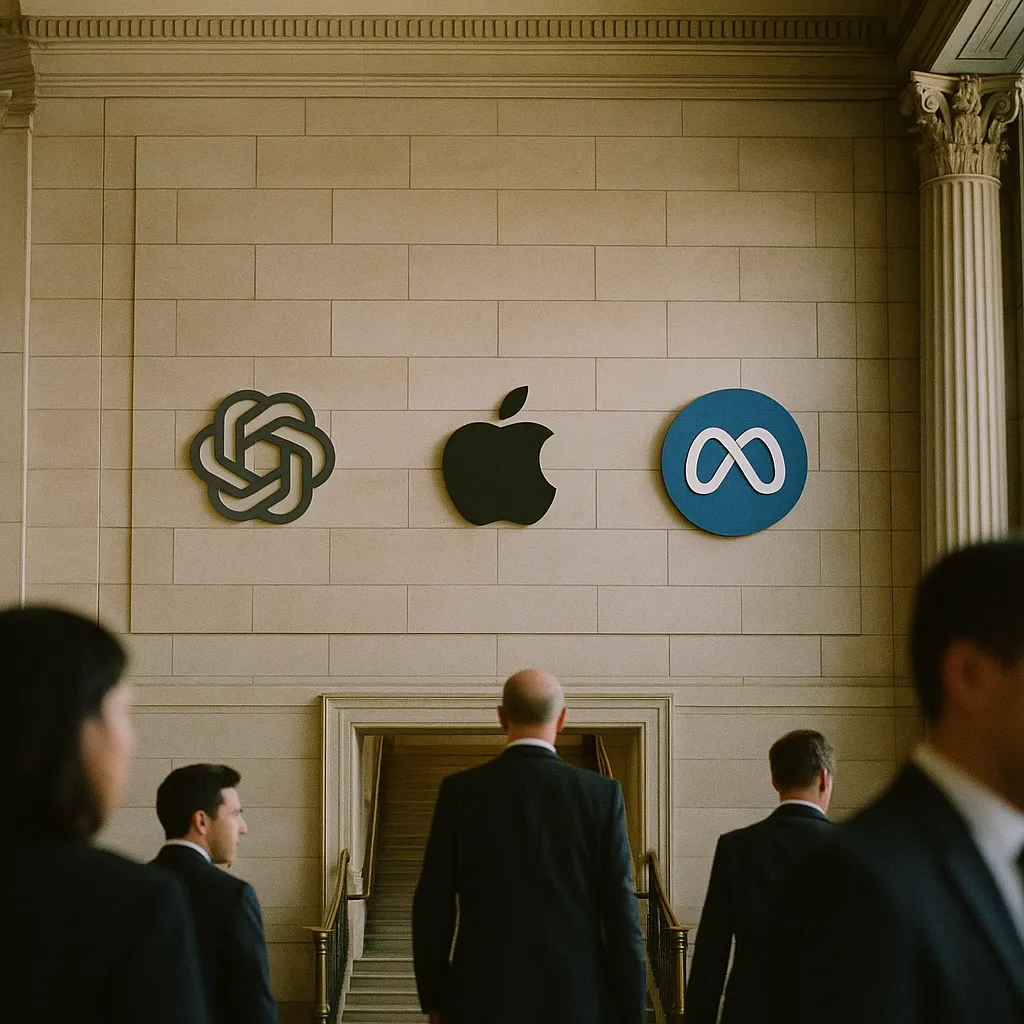 A government building interior related to a major AI company, a major tech company, a social media com from an unusual angle or perspective