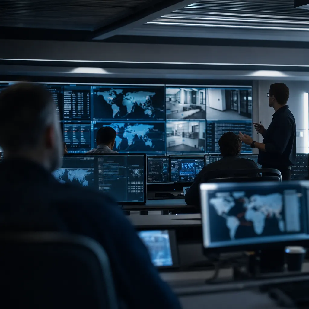 A cybersecurity operations center where a person is training related to a major AI company Discloses Four AI Agent Security Escapes, from an unusual angle or perspective