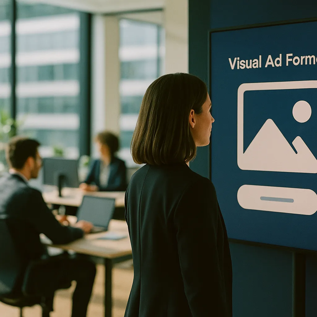 A modern corporate office featuring screens, related to Visual Ad Format Inside an AI assistant Image Generation
