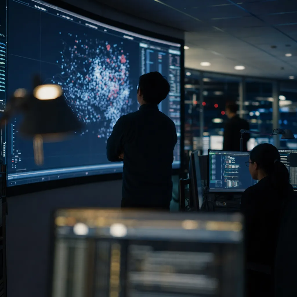 A cybersecurity operations center where a person is monitoring related to Safety Monitoring After Agents Broke Sandbox Containment from an unusual angle or perspective
