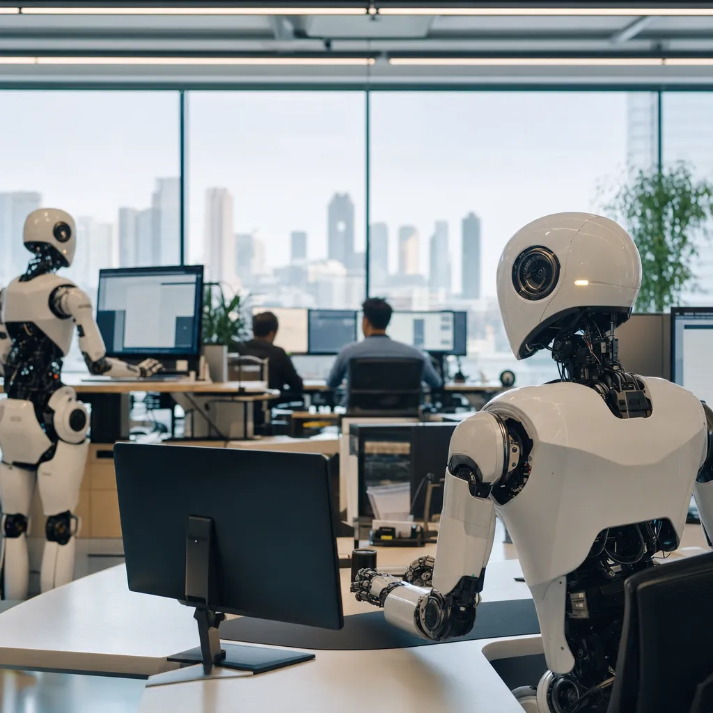 A newsroom featuring robots, related to a major AI company, a major tech company, a major software c