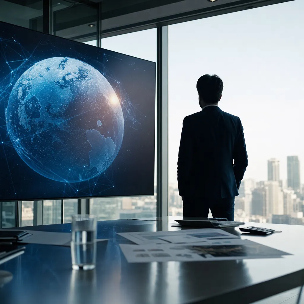 A modern corporate office featuring screen, documents, related to a major AI company Releases a technology company-6.1 Terra W from an unusual angle or perspective