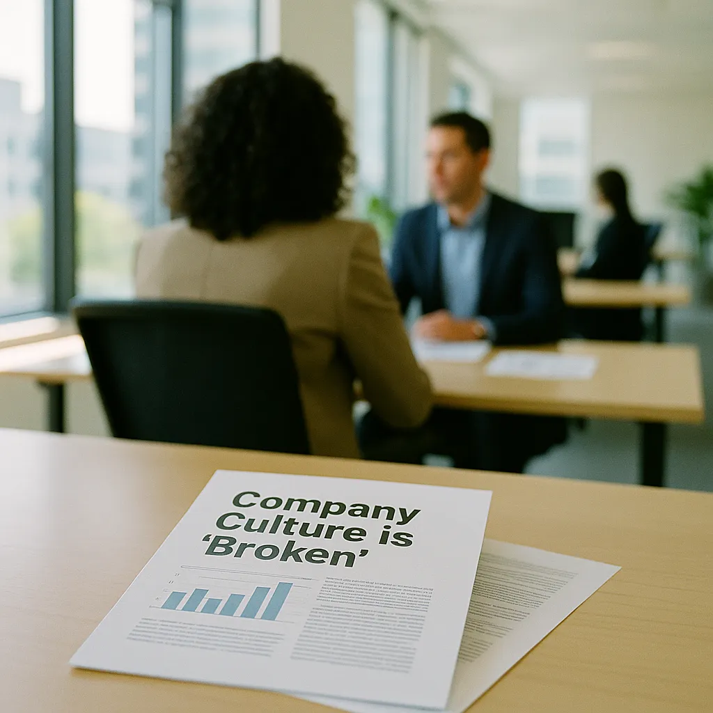 A modern corporate office featuring documents, related to Company Culture Is 'Broken'