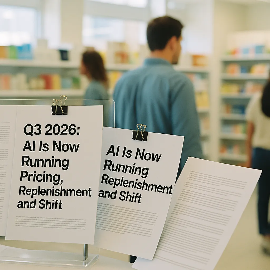 A retail store featuring documents, related to Q3 2026: AI Is Now Running Pricing, Replenishment, and Shift