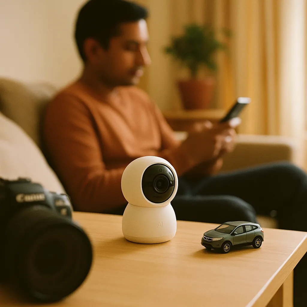 A modern home interior featuring camera, car, related to India's Qubo Bets on Standalone AI Devices — Not Hubs — as t